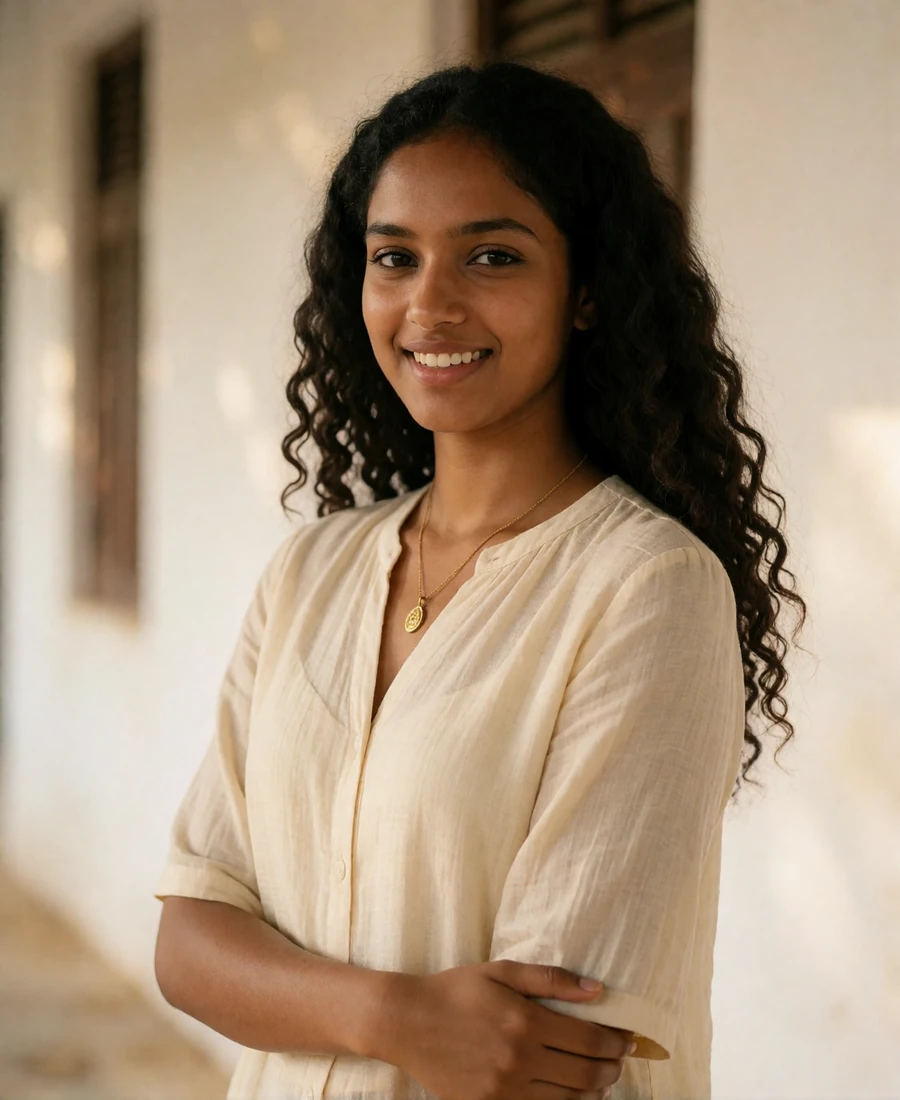 Young Sri Lankan woman with long dark curls in a cream blouse smiling in soft morning light near a whitewashed colonial wall
