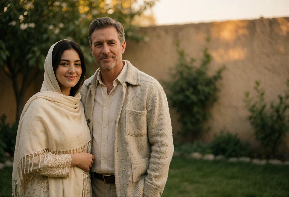 Anonymous couple standing together in a quiet walled garden with relaxed, genuine smiles toward the camera