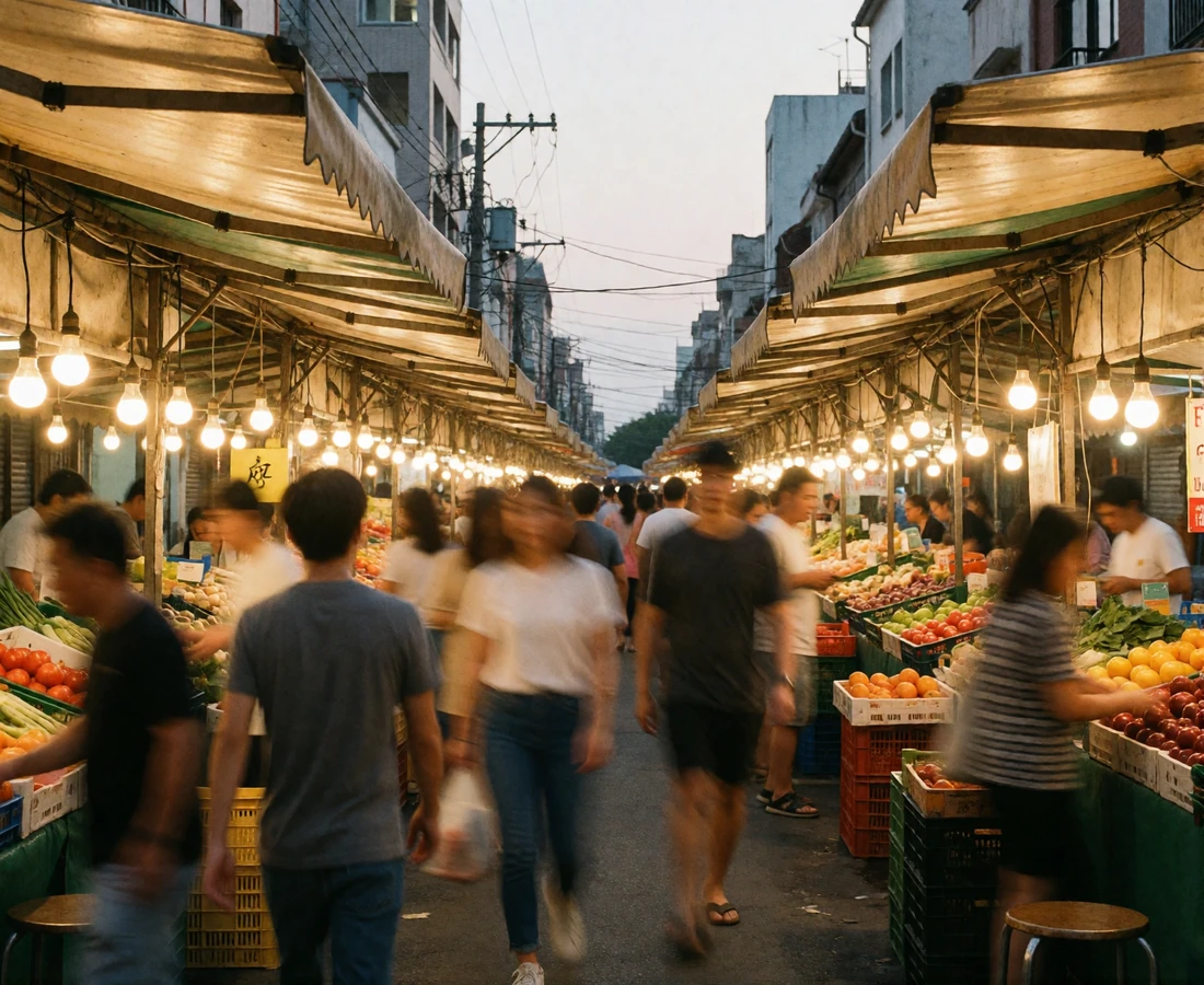 Busy Asian street market lane at early evening lined with canopied stalls and warm hanging bulbs