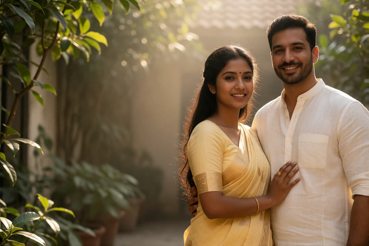 Couple smiling together in a leafy courtyard at golden hour, illustrating a relationship that began through messaging