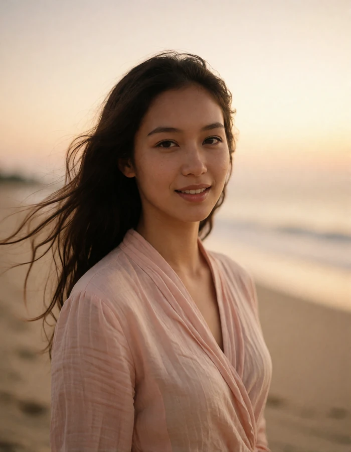 Indonesian woman in a pale rose wrap top near a coastline at dusk with a soft open smile