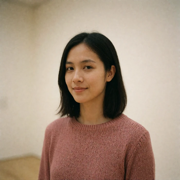 Singaporean woman in a muted rose knit top in a minimalist gallery interior with soft natural light