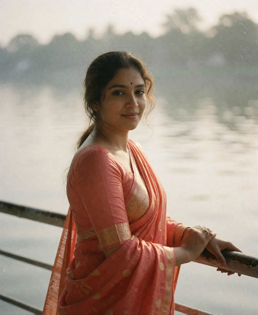 Bangladeshi woman in a coral sari standing at a riverside railing in hazy afternoon light