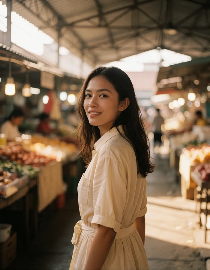 Thai woman in a light beige shirt dress walking through a sunlit covered market lane