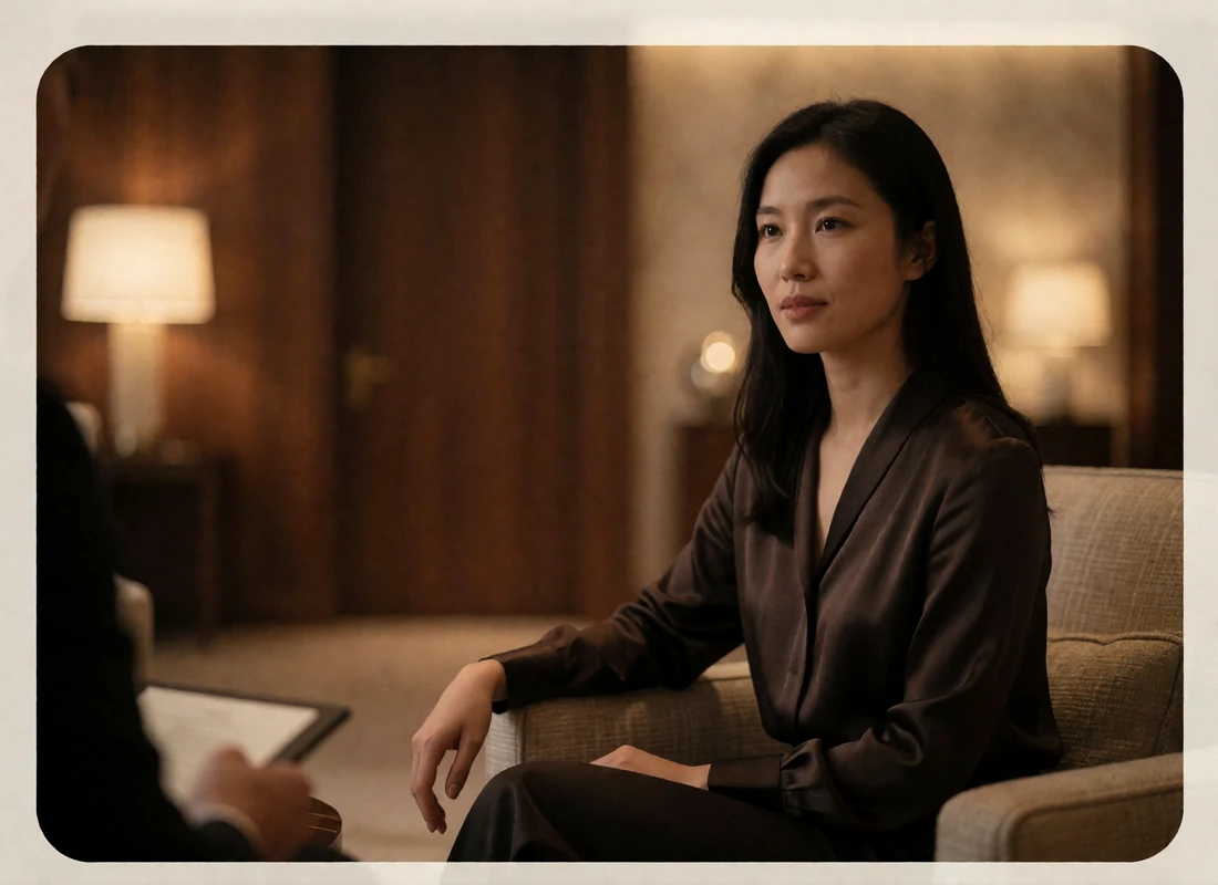 Woman in a dark silk blouse seated in a quiet luxury hotel lounge armchair during an evening conversation